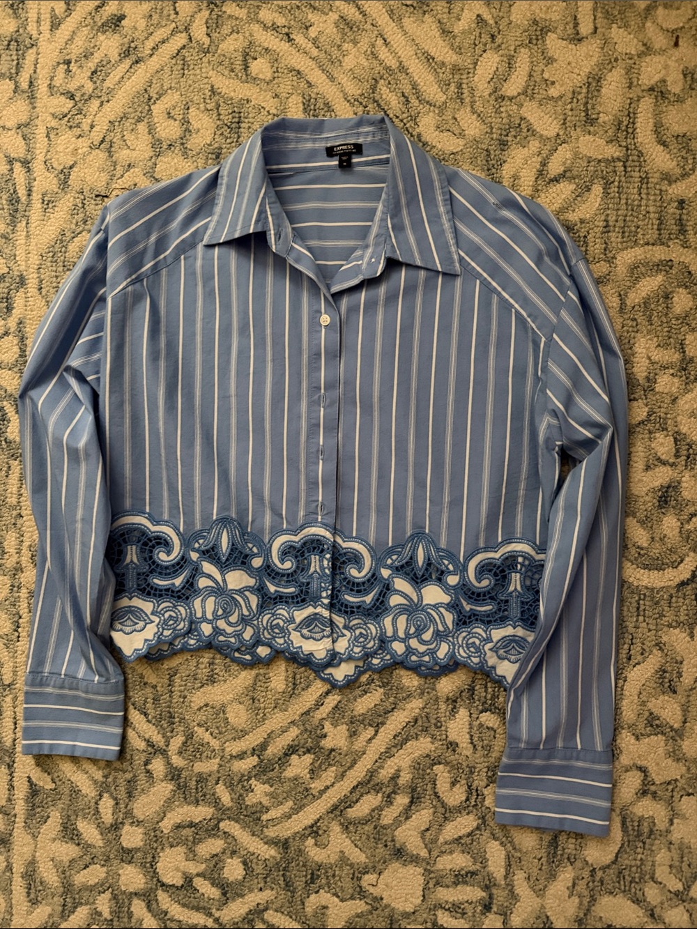 Express Blue & White Striped Button-Down Shirt with Lace Hem
